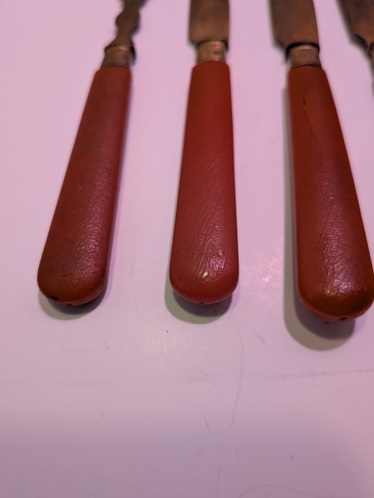 Vintage Red And Brass Fork And Knife Set 6 Ct