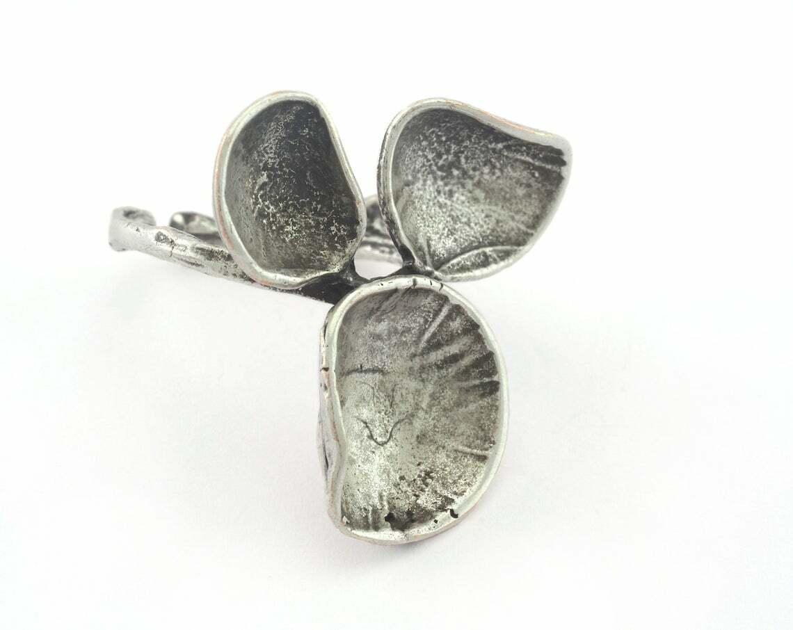 Flower Adjustable Ring Antique Silver Plated Brass 16.5mm 6US insize Adjust 3303