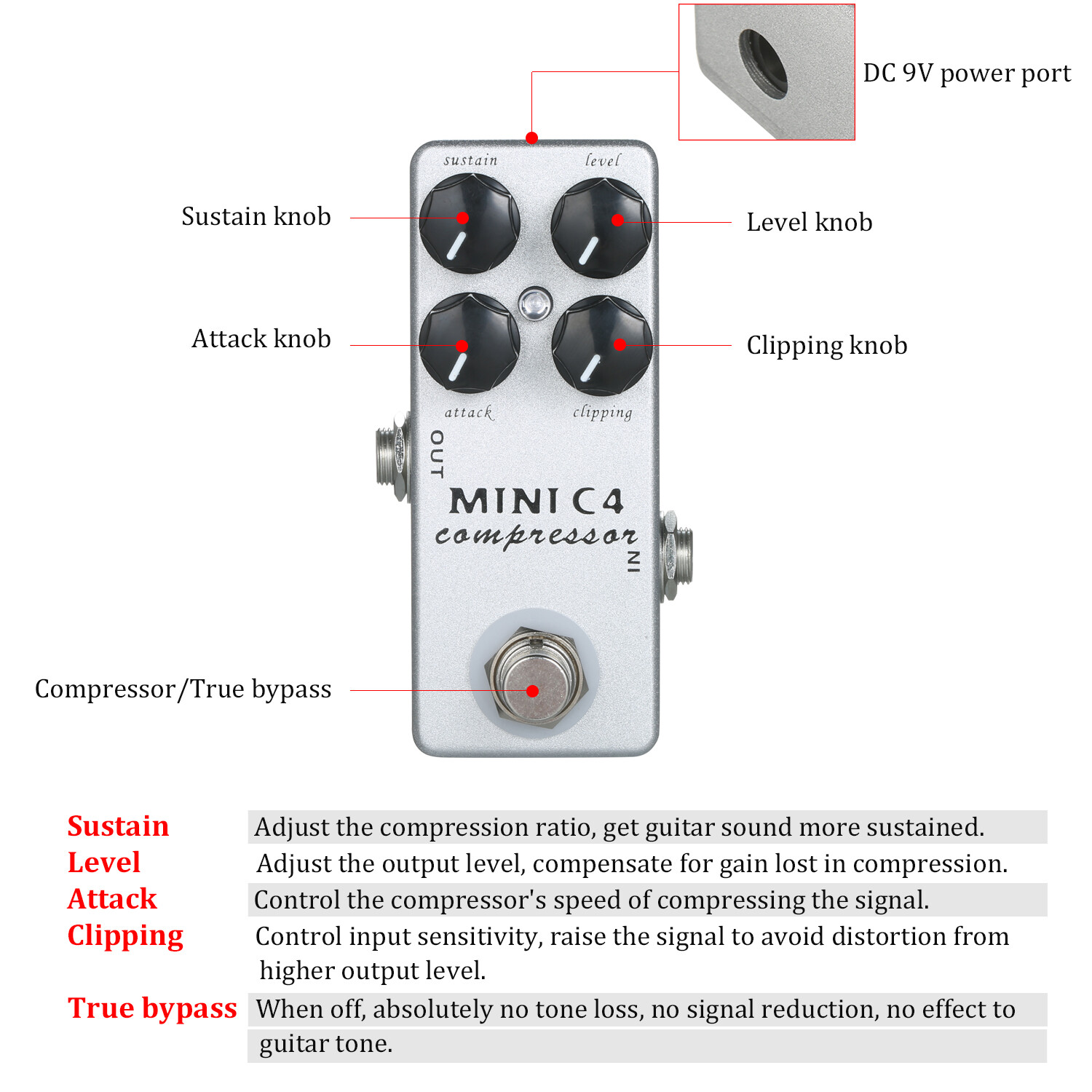 MOSKY MINI C4 Compressor Guitar Effect Pedal True Bypass T0B8
