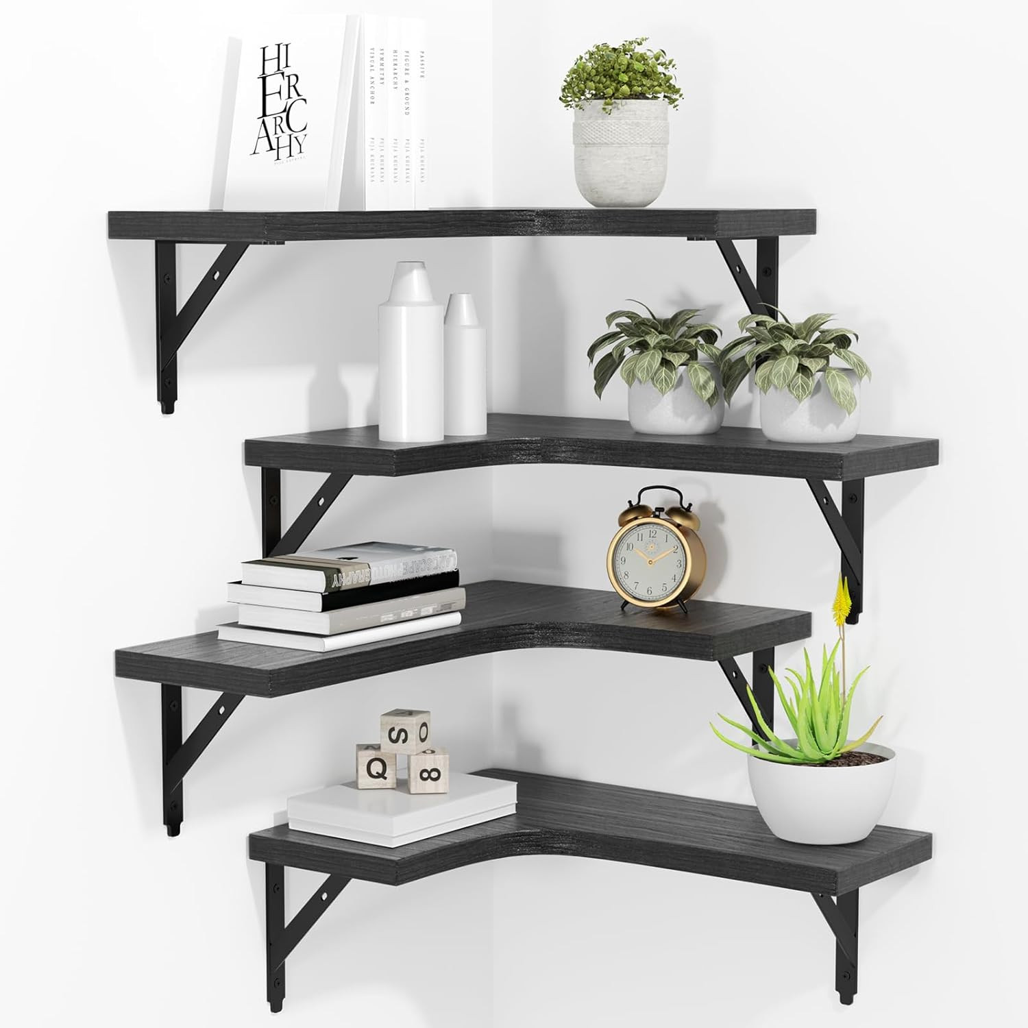 Corner Floating Shelves Wall Mounted Set of 4, Rustic Wood Storage Display Wall
