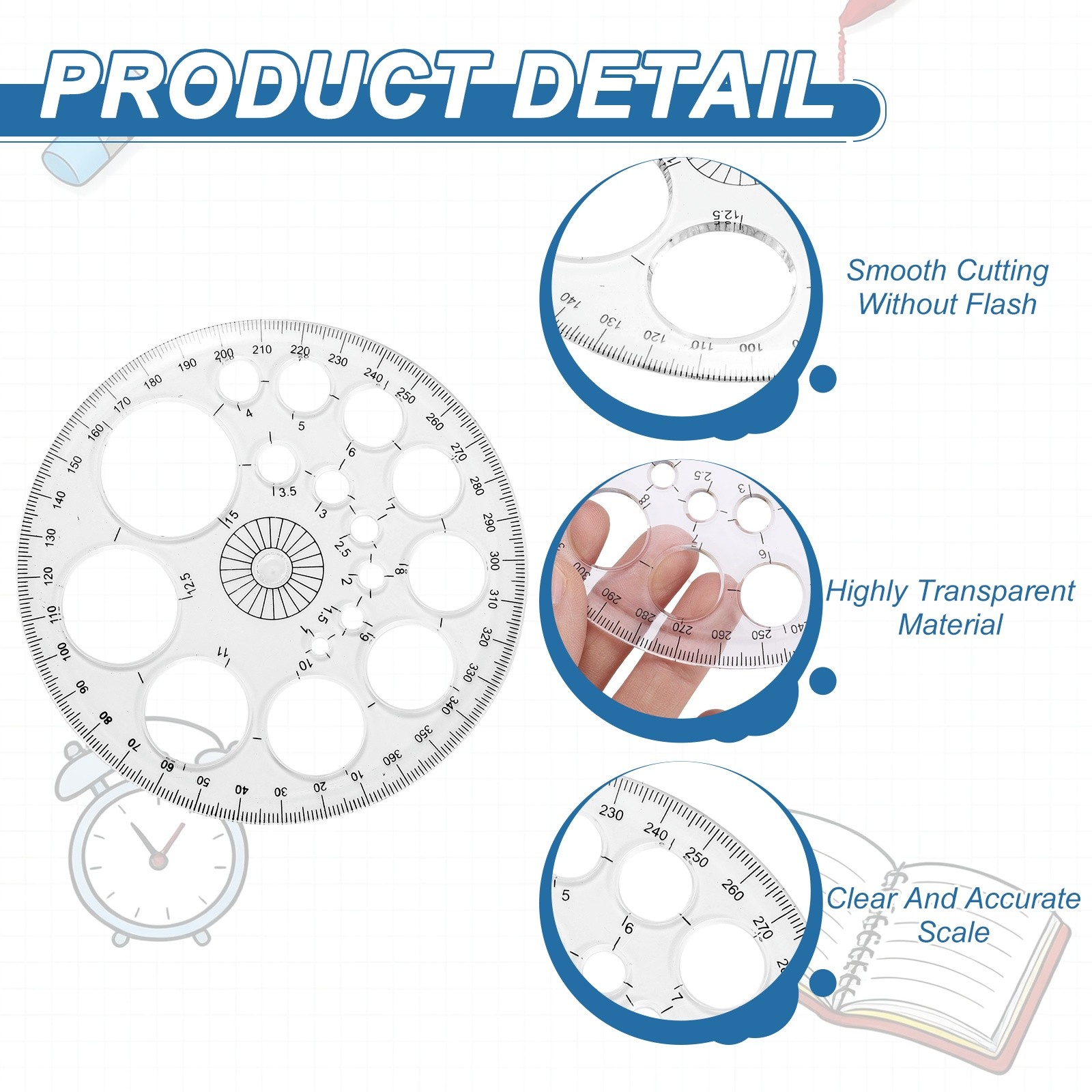 360-Degree Plastic Protractor, 4Pcs Circle Template Supplies, Transparent
