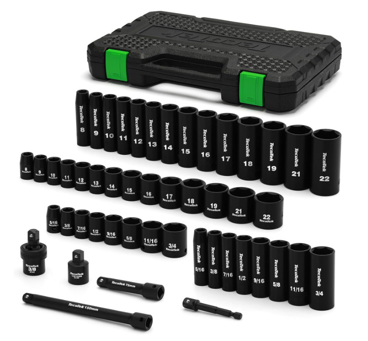 Juego de dados impacto 3/8”, 49 piezas SAE y métricas, Cr-V, 6 puntas. Negro