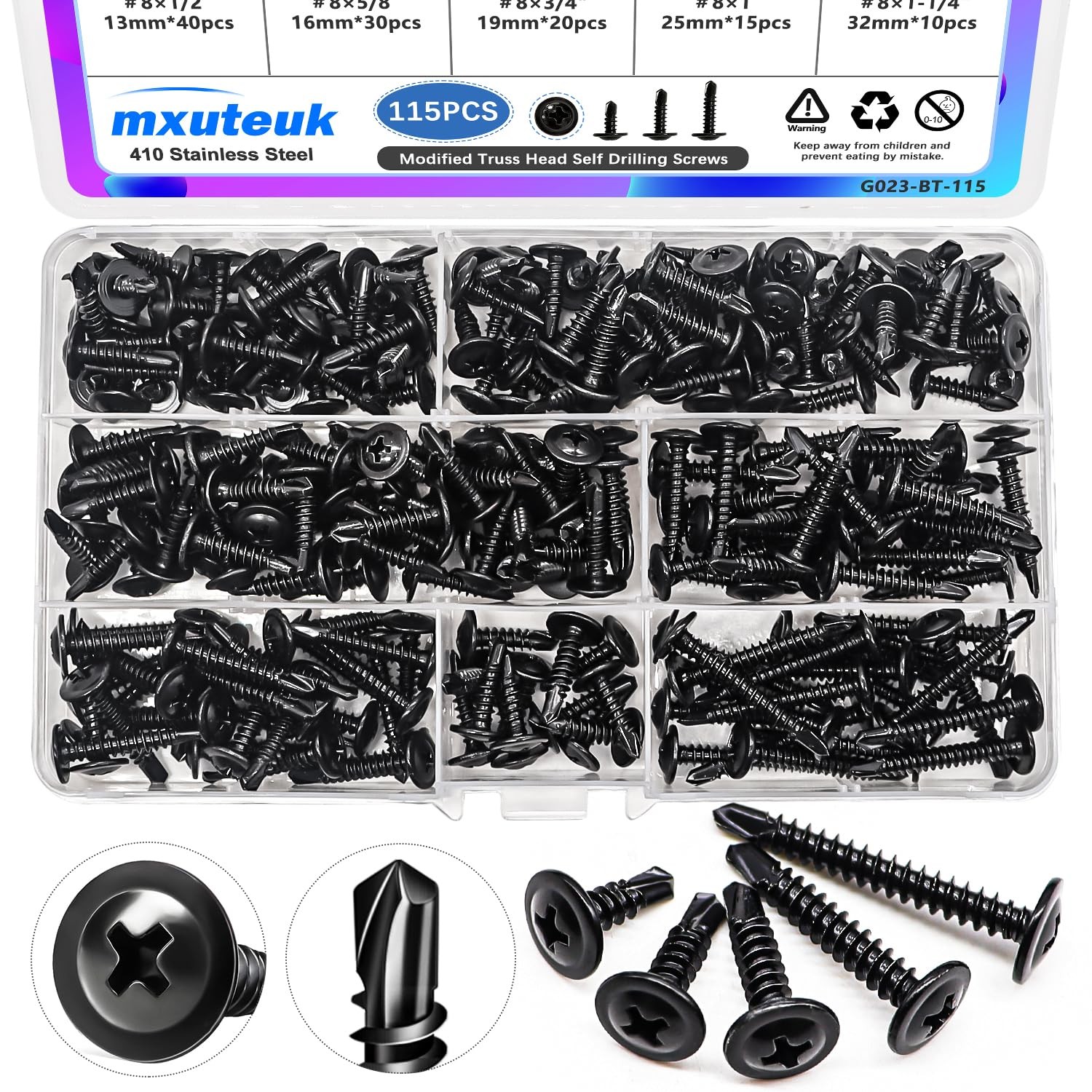 mxuteuk #8 Self Tapping Screws,410 Stainless BK Kit, Black-Truss Head