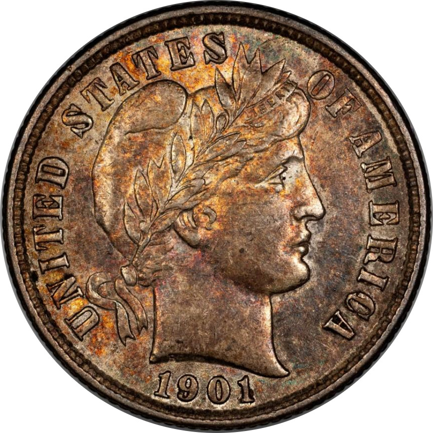 1901 10C Barber Dime CACG AU58+