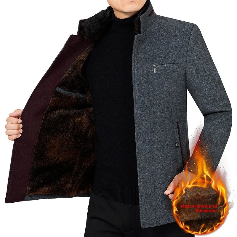 Men Woollen Blazers Jackets Cashmere Trench Coats Stand-up Collar Business Casua