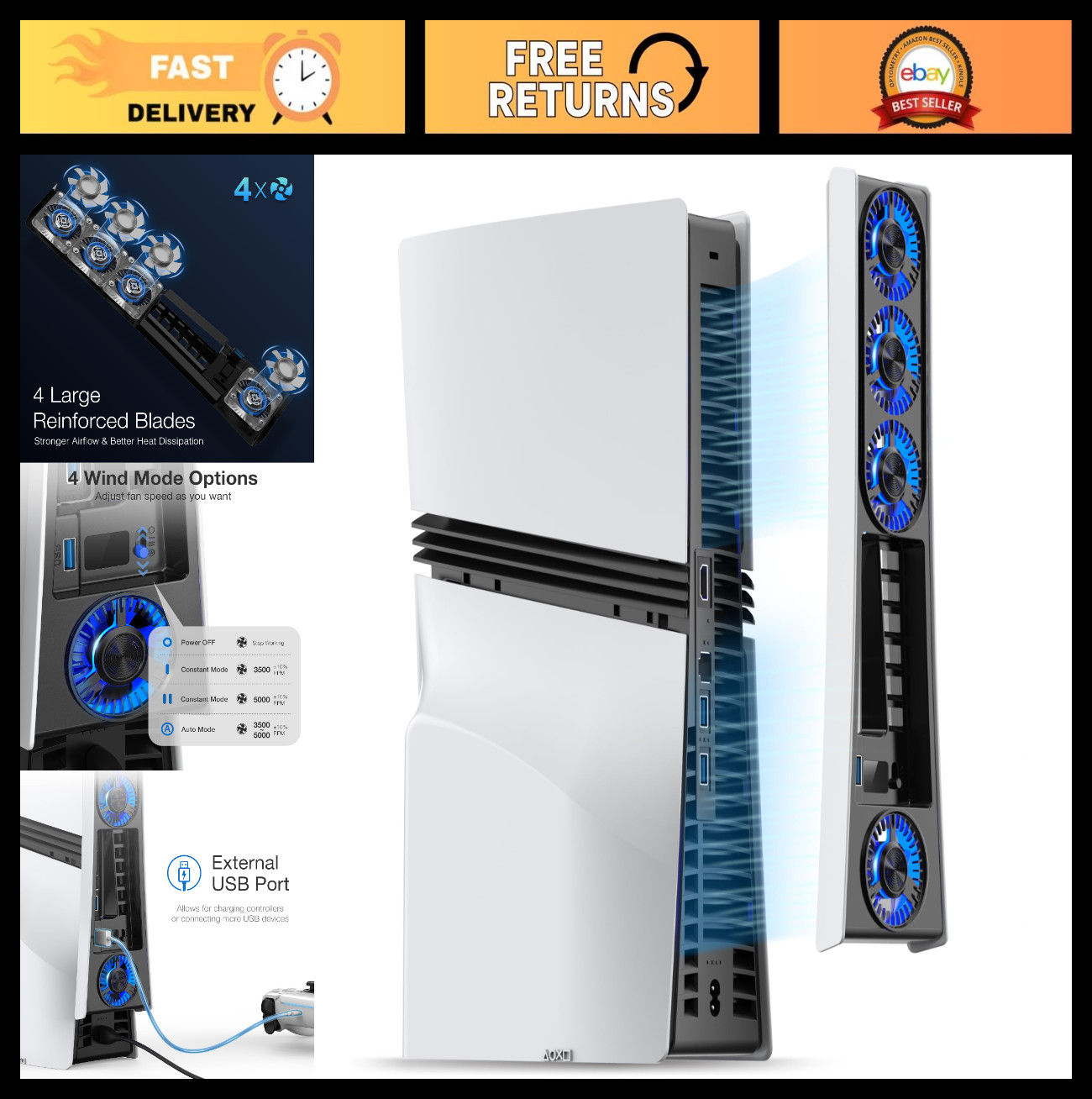 PS5 Pro Cooling Fan - Quiet Adjustable Speed, Auto On/Off, USB 3.0 & LED Light
