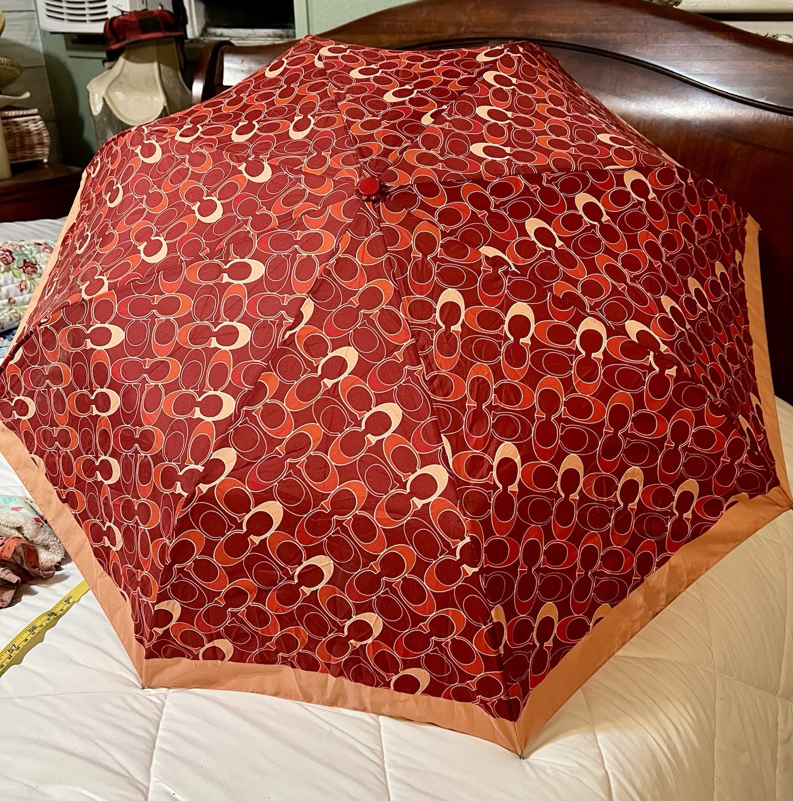 Coach Umbrella Bright Fall Colors Red Orange Black Short Handle Wrist Strap EUC
