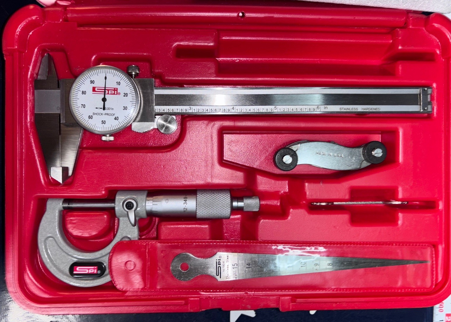 KIT SPI 6” Dial Caliper, 1” Outside Mic Machinist Caliper, Micrometer, Ruler Set