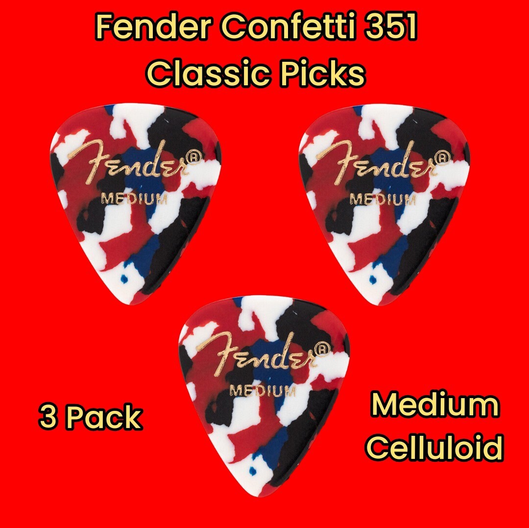 Fender 351 Classic Celluloid Guitar Picks, Confetti, Medium, 3 Pack