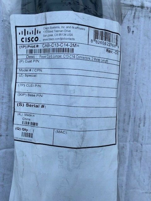 Cisco Cabinet Jumper Power Cord, C13-C14 Connectors (CAB-C13-C14-2M) NEW