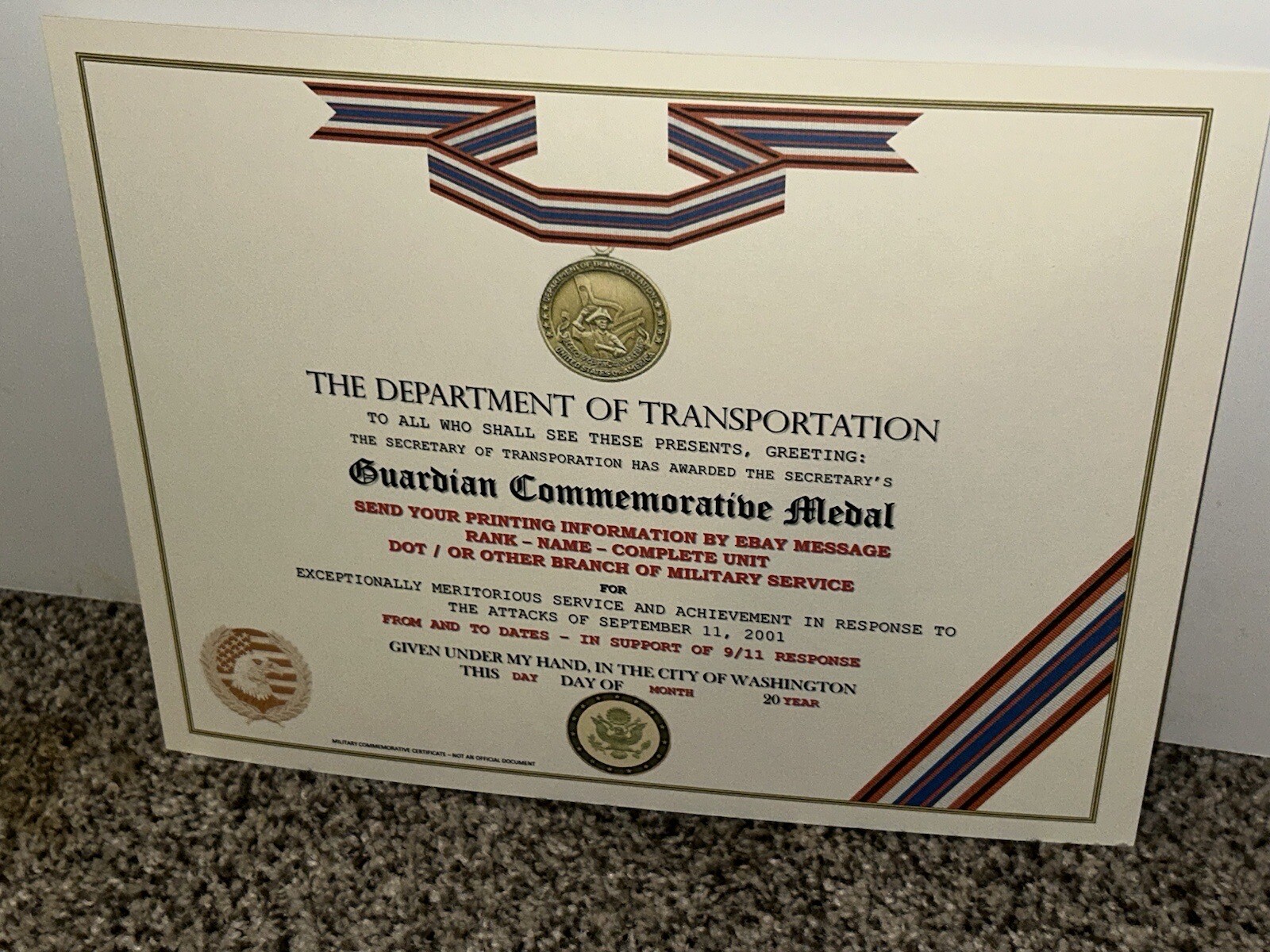 D.O.T. GUARDIAN MEDAL COMMEMORATIVE CERTIFICATE ~ TYPE-2 w/PRINTING