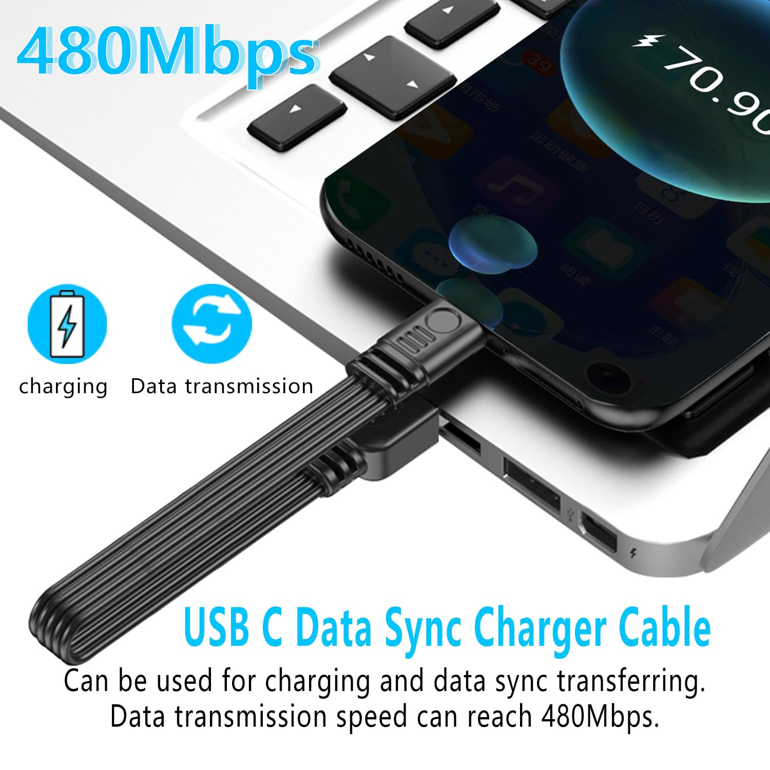 Short 90 Degree USB Type C 2.0 Flat Cable,Pd 65W USB C 2.0 Fast Charge Cable,Sho