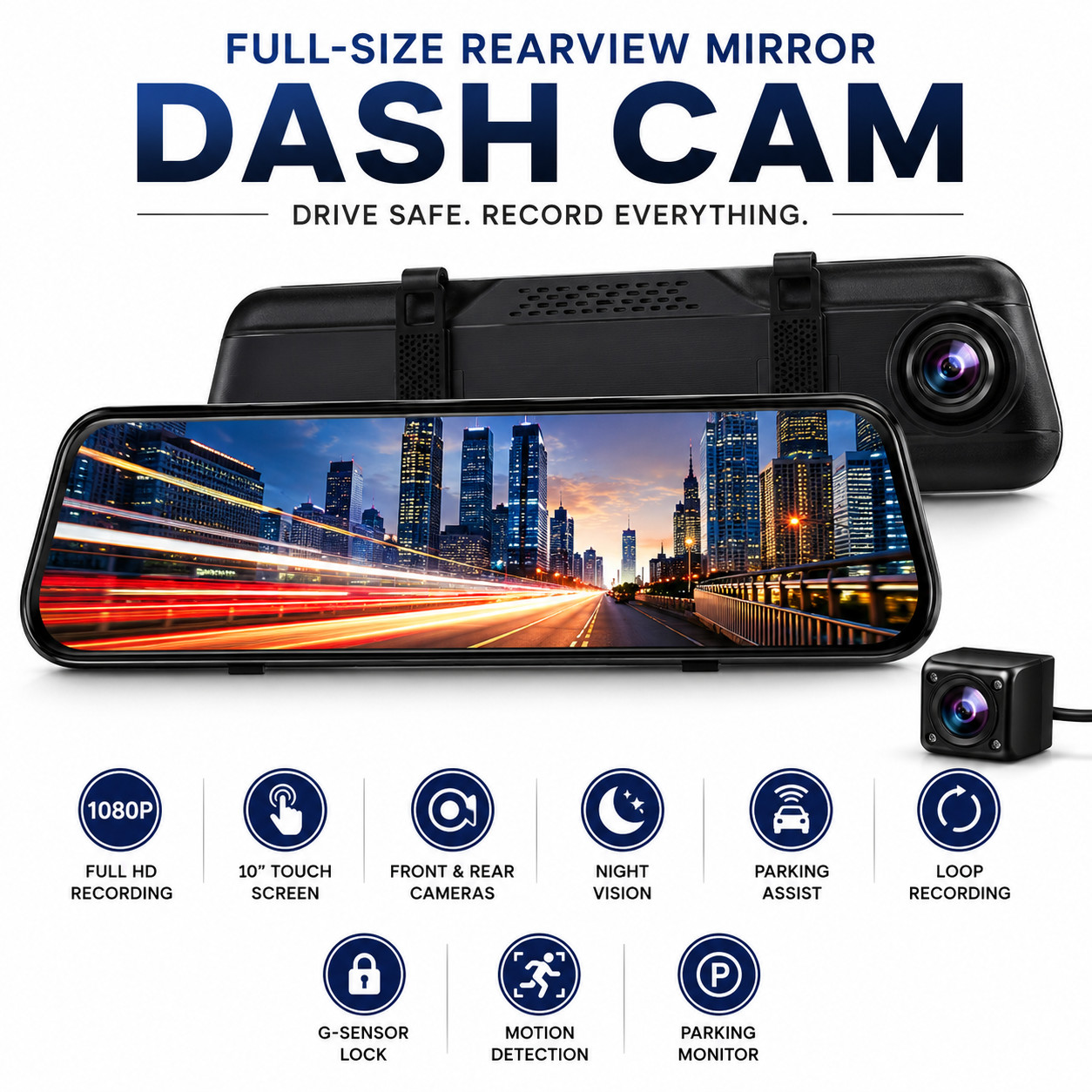 10" Rear View Mirror Dash Cam Front & Rear 1080P Touch Screen Night Vision DVR