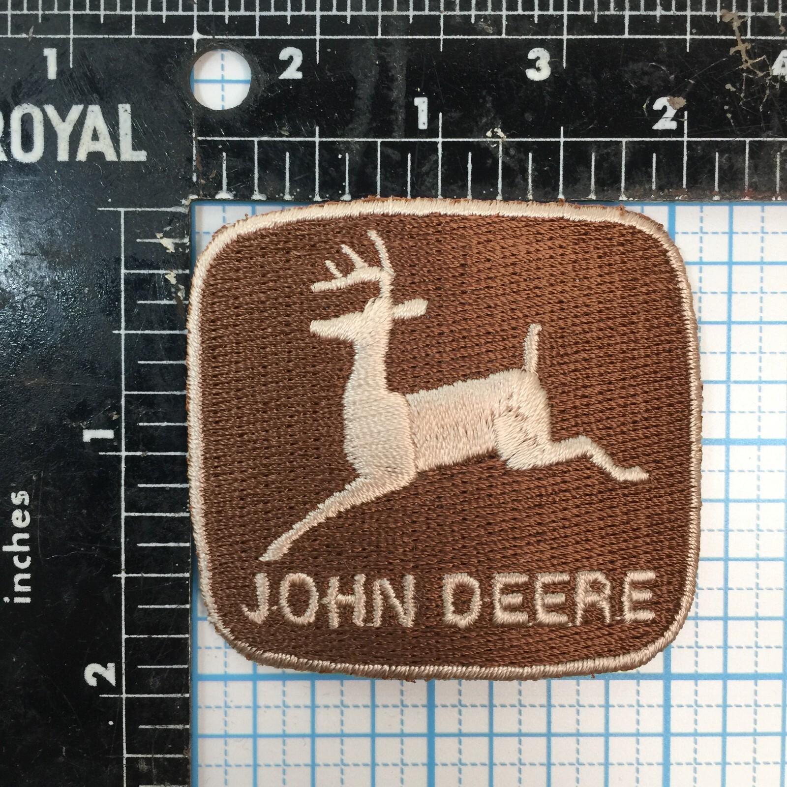 VINTAGE JOHN DEERE 2" IRON ON PATCH - BROWN WITH KHAKI STITCHING - VERSION 1