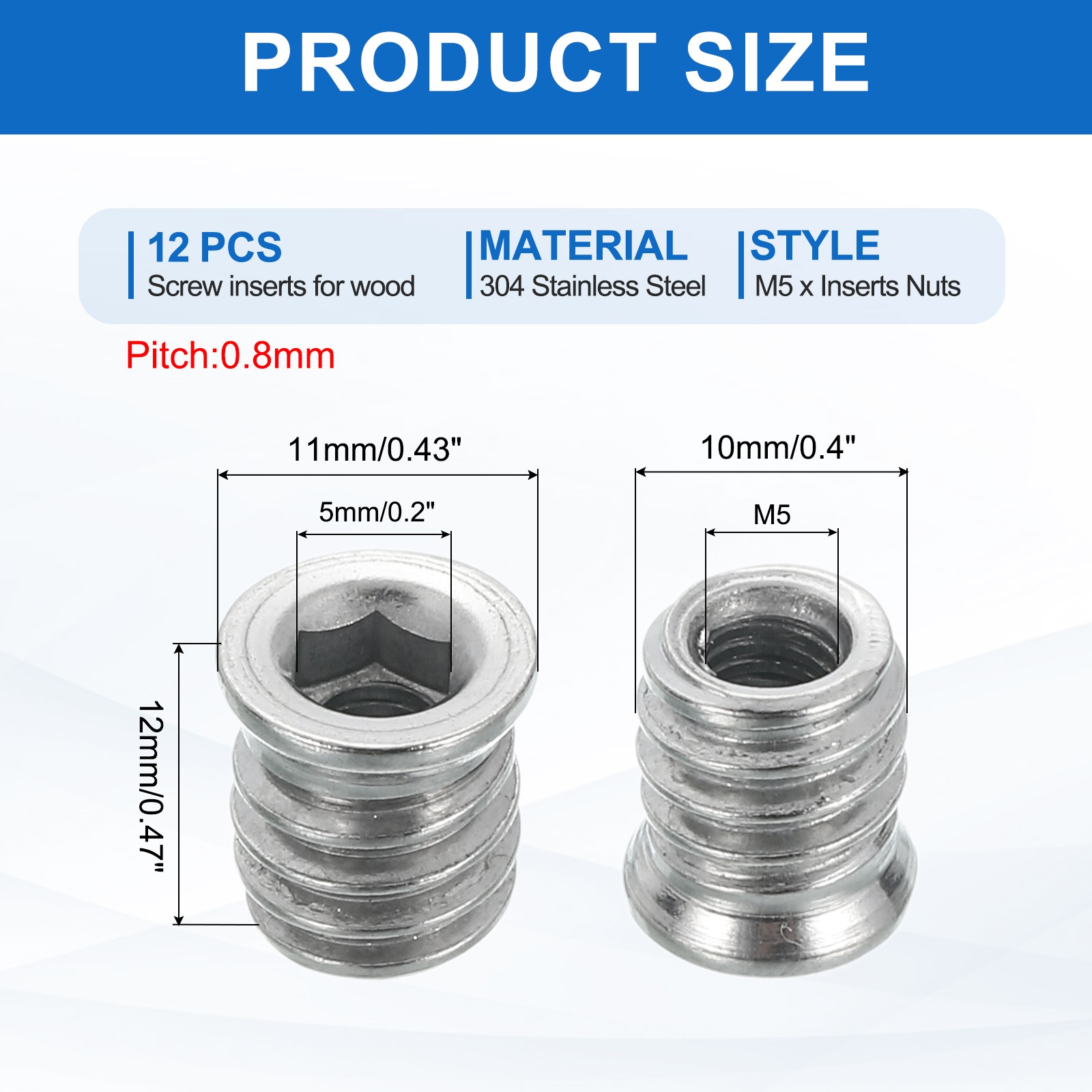 12Pcs Threaded Inserts Nuts, M5x12mm Hex Socket Drive Nut Inserts for Wood