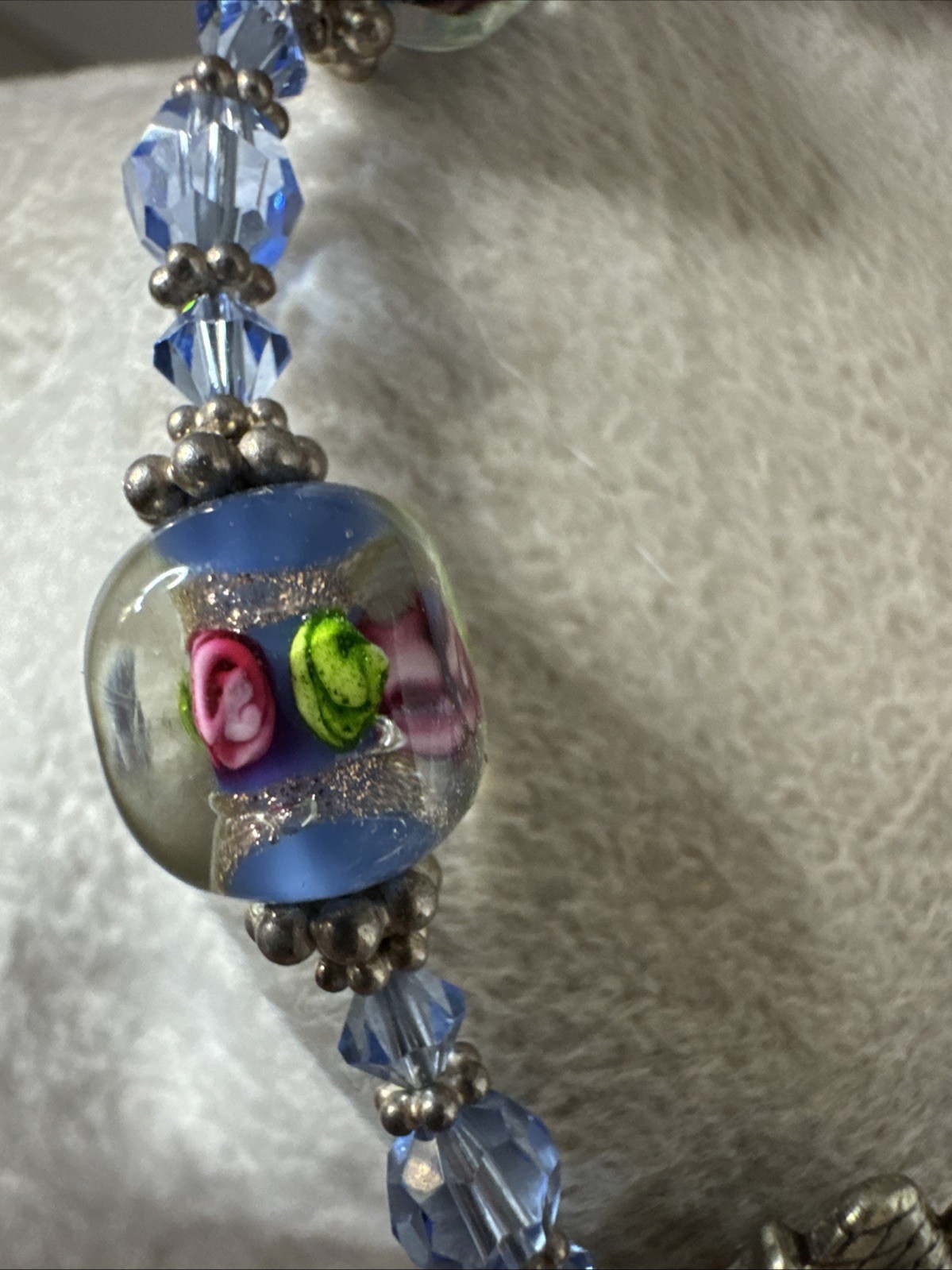 Artisan-Made Lampwork Glass Beaded Bracelet Crystal Spacers Roses Blue 7”