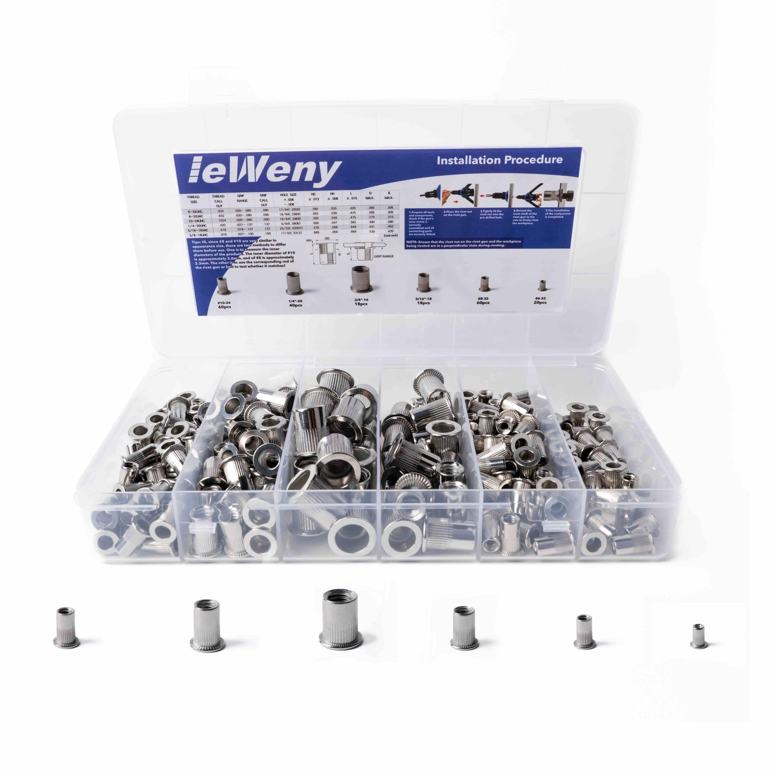 Stainless Steel Rivet Nut Assortment Kit(216Pcs), 1/4"-20, 3/8"-16, 5/16"-18,...