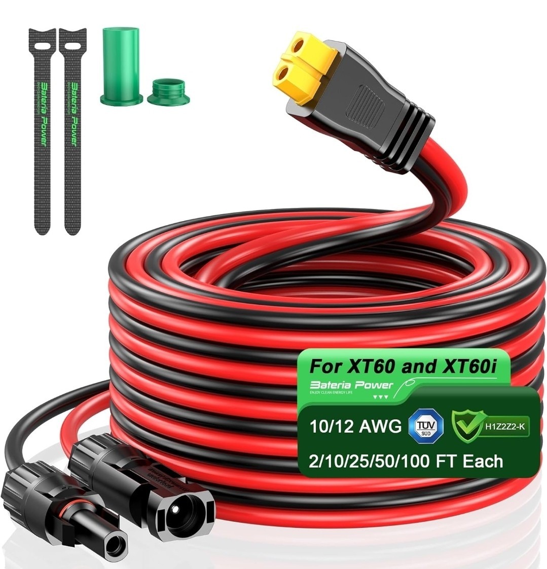 Solar to XT60 Charge Extension Cable with Solar Connectors Caps / 100 FT