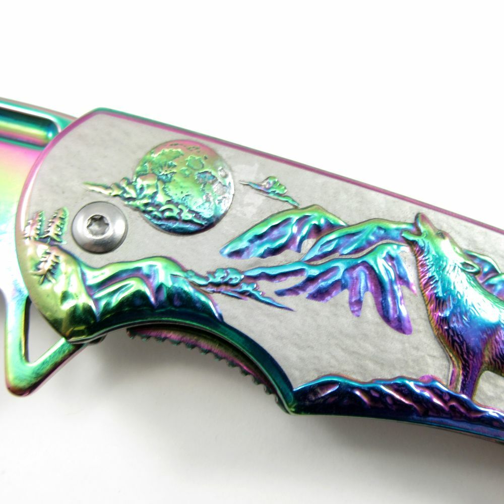 SPRING-ASSIST FOLDING POCKET KNIFE | Rainbow Blade Howling Wolf Tactical Hunter