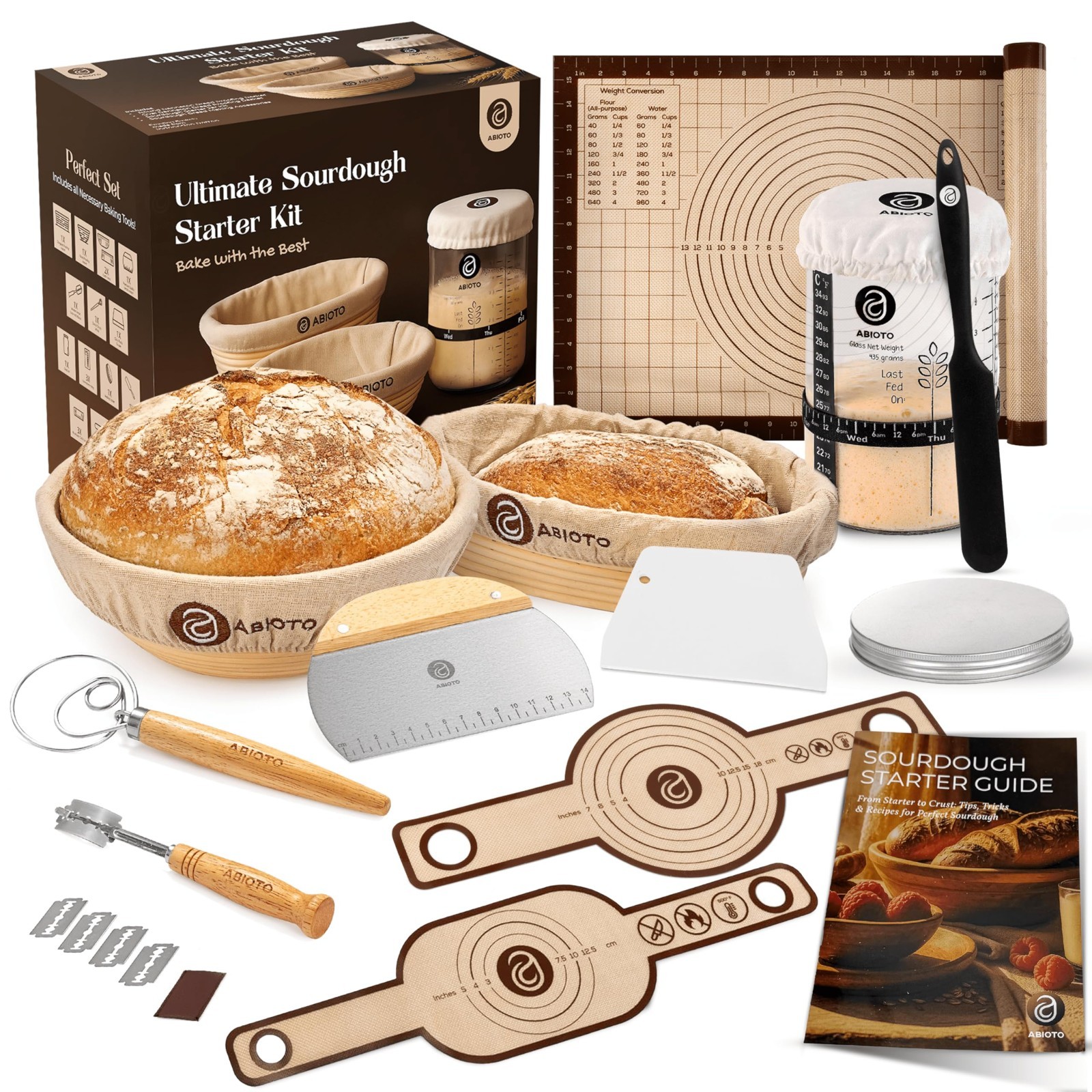 Sourdough Starter Kit - 10" Round & 11" Oval Proofing Baskets, 34oz Jar - Baking