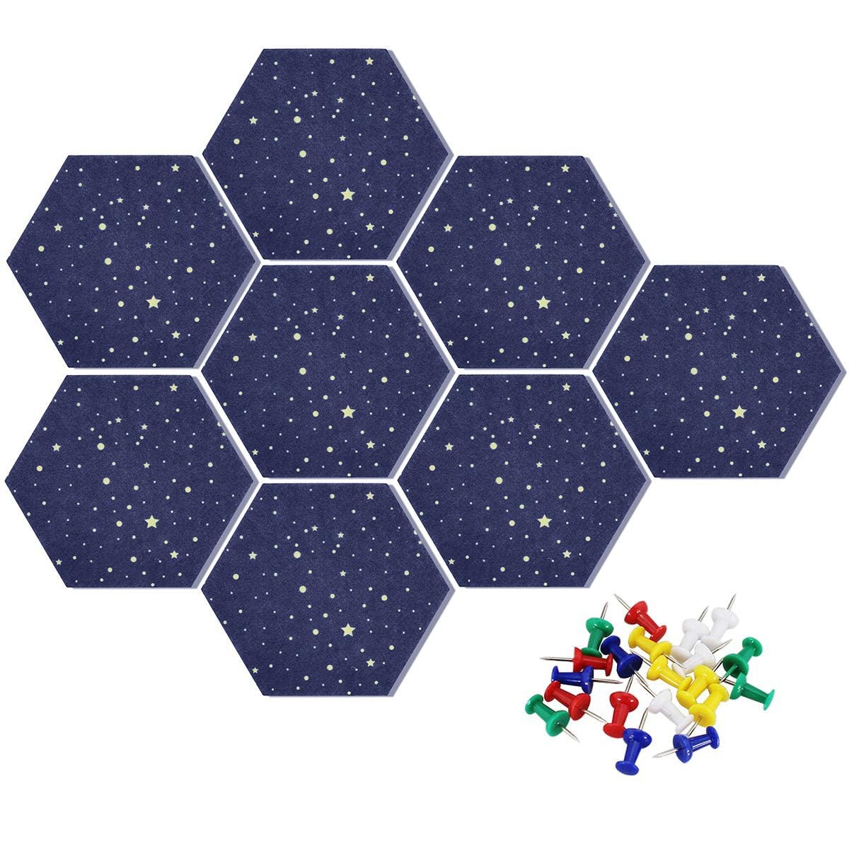 Uoisaiko Felt Hexagon Bulletin Board with 20 Push Large, Starry Sky (Blue)