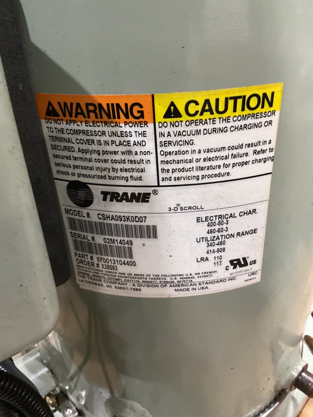 Trane CSHA093K0D07 Compressor 460V 3-Phase #4163L14