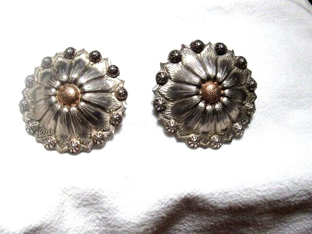 Vintage Pair Sterling Silver Flower Horse Bridle Conchos Loop Backs  2"