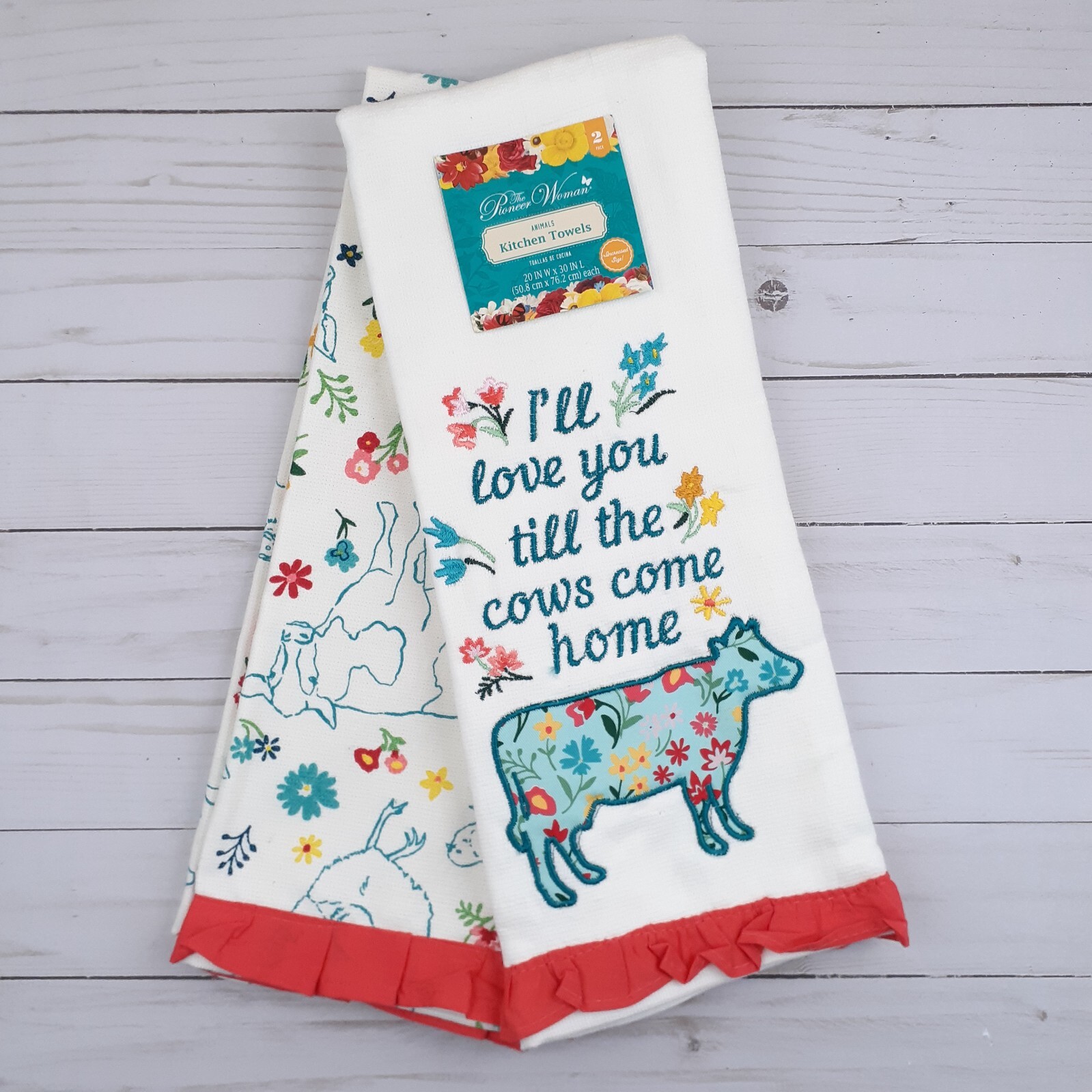 Pioneer Woman Kitchen Towels Towel Set of 2 Cows Farm Animals Dual Purpose 20x30