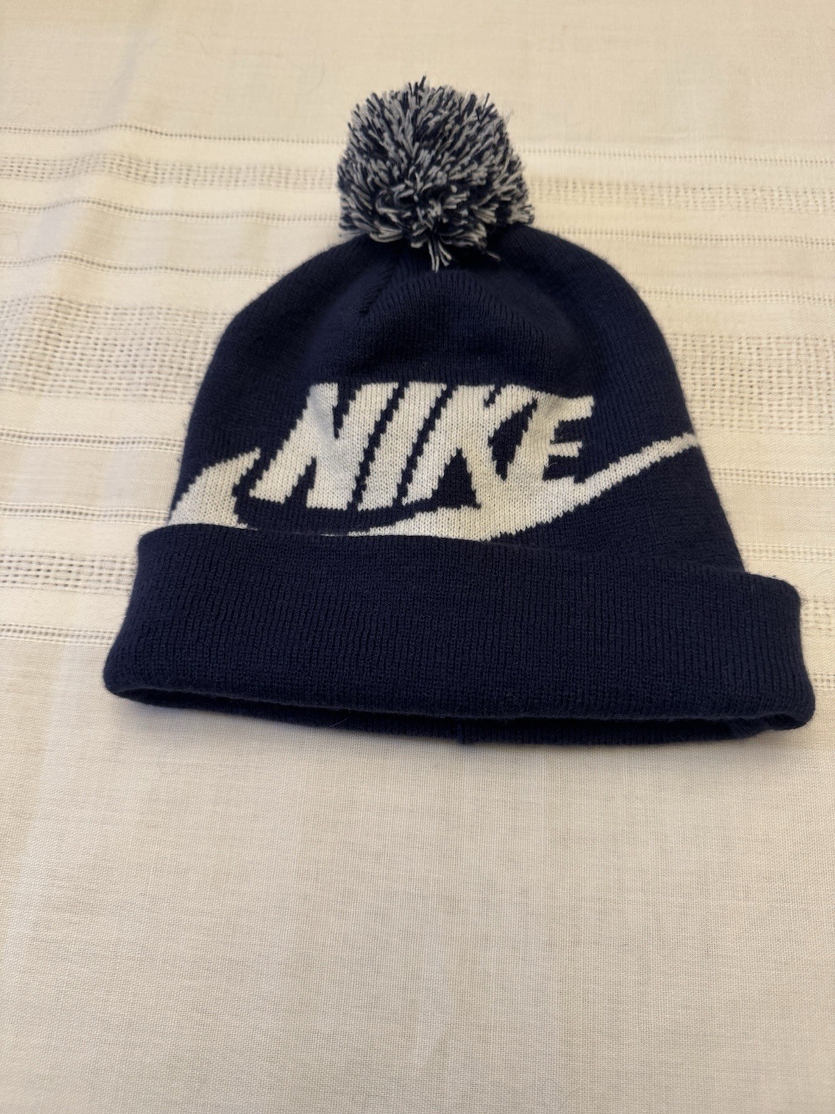 Nike Boys Navy Knit Pom-Pom Beanie Hat Logo One Size 100% Acrylic Winter