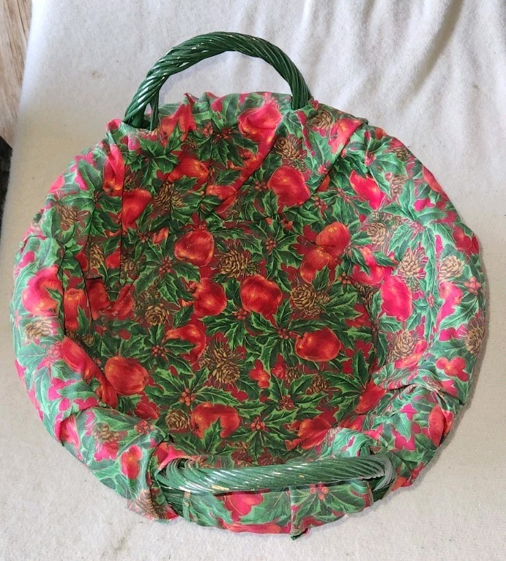 Green Woven Basket Fabric Apple Holly Holiday Christmas Liner 14 Inches