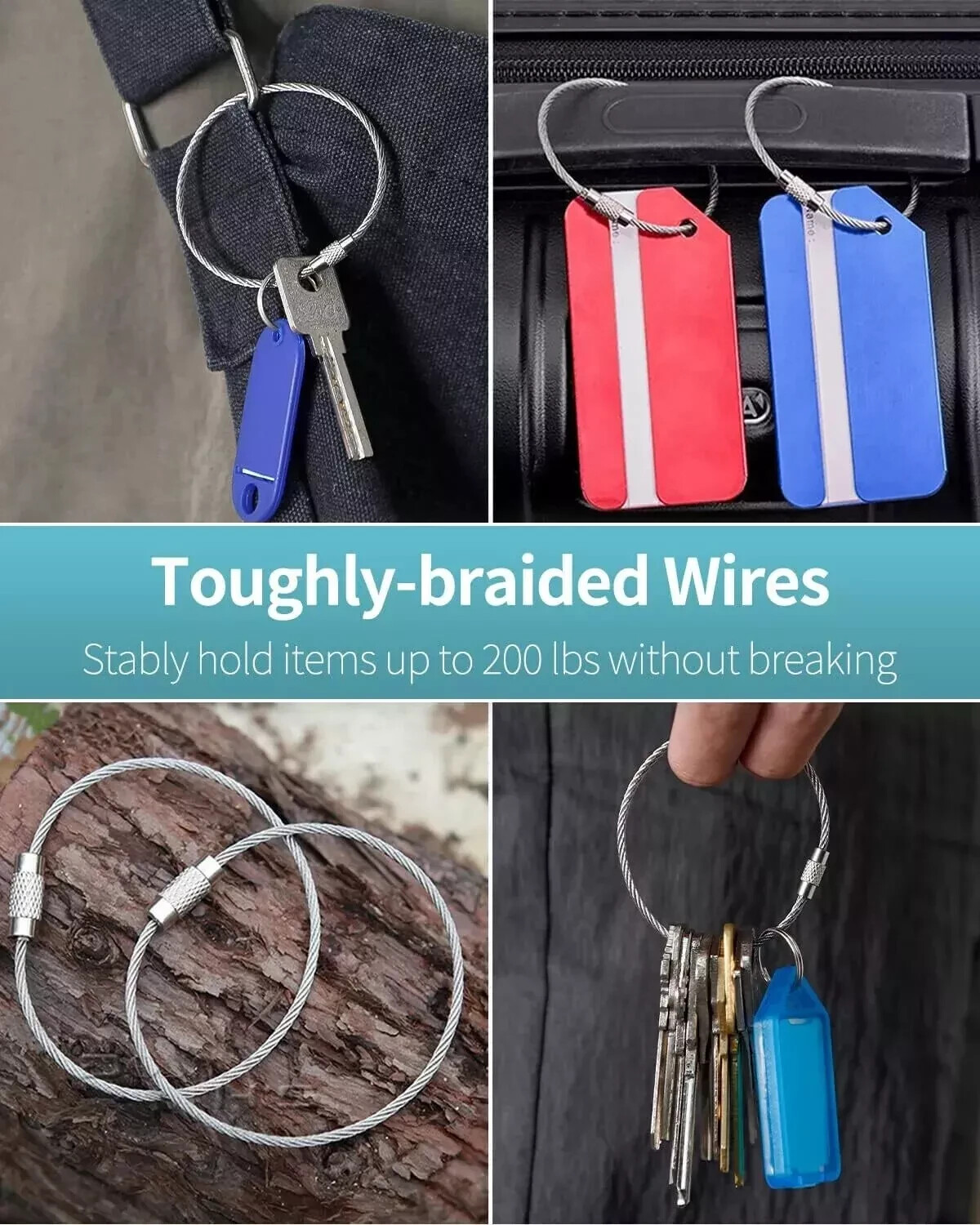 10Pcs. Wire Keychain Cable Large Stainless Steel Key Ring Loop Holder Heavy Duty