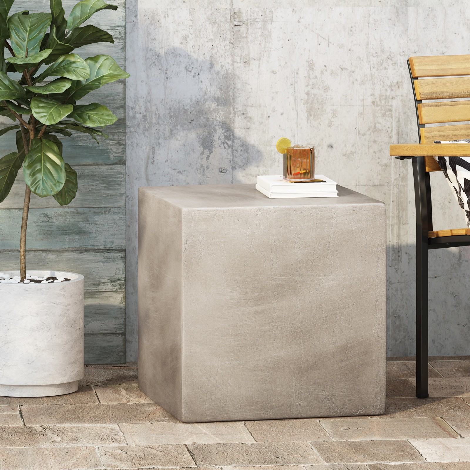 Outdoor Square Side Table Light Grey MGO Concrete 22" Cube