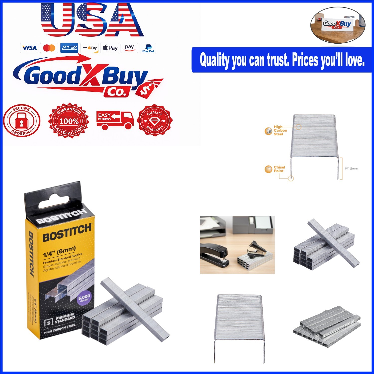 Standard Staples 1/4 Inch Leg Steel Box of 5000 for Office Use - Heavy Duty, ...