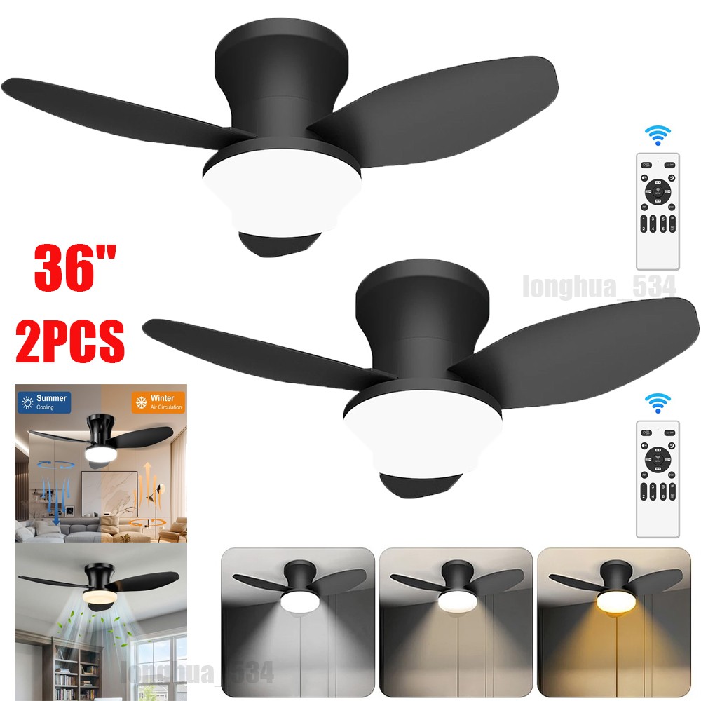 2PCS Ceiling Fans with Lights,36'' Low Profile Ceiling Fan with Light and Remote