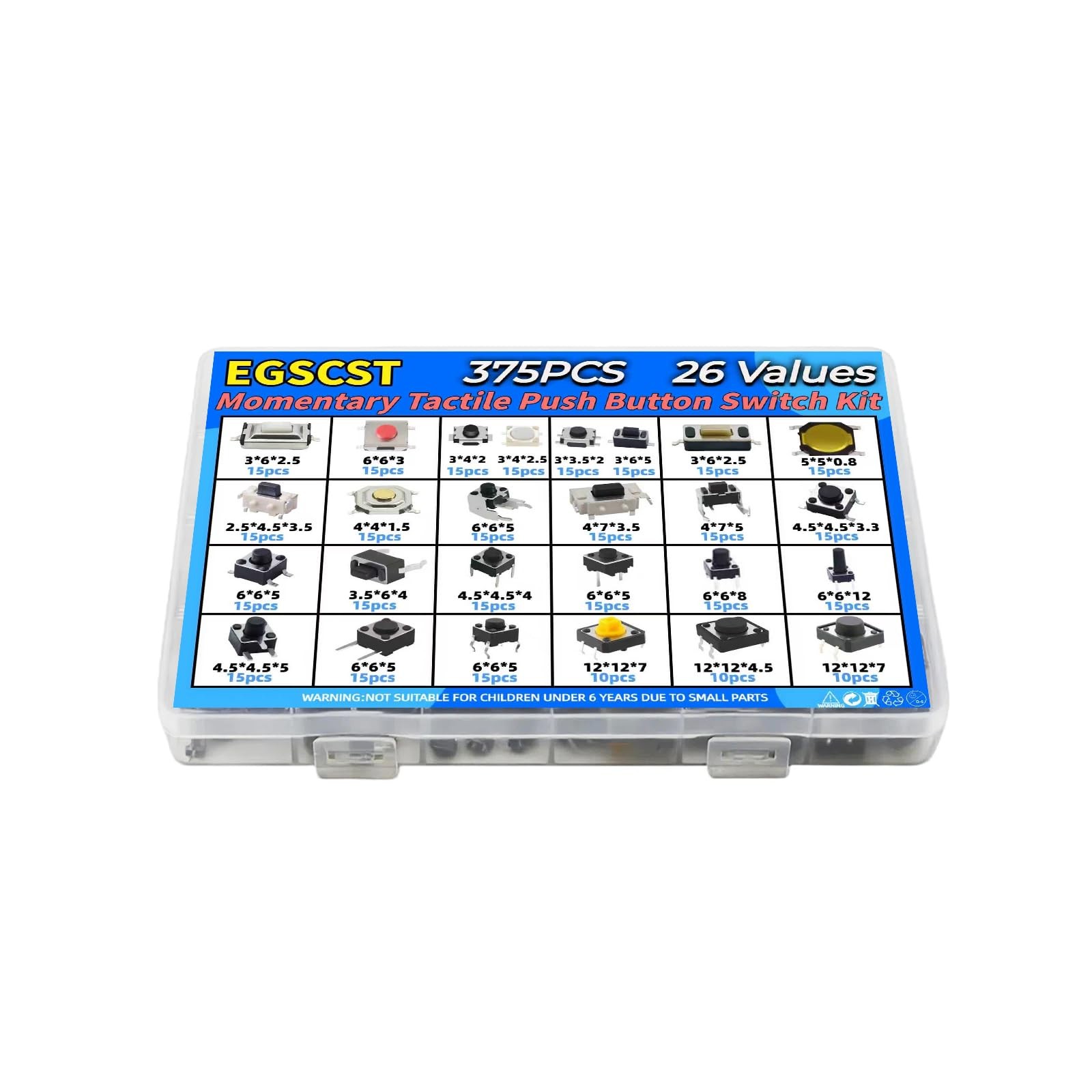 375PCS 26Values Micro Momentary Tactile Push Button Switch Assortment Kit 2 P...