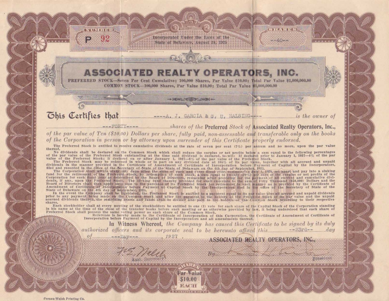 2 Realty Stock Certificates San Francisco 1927 Common & Preferred