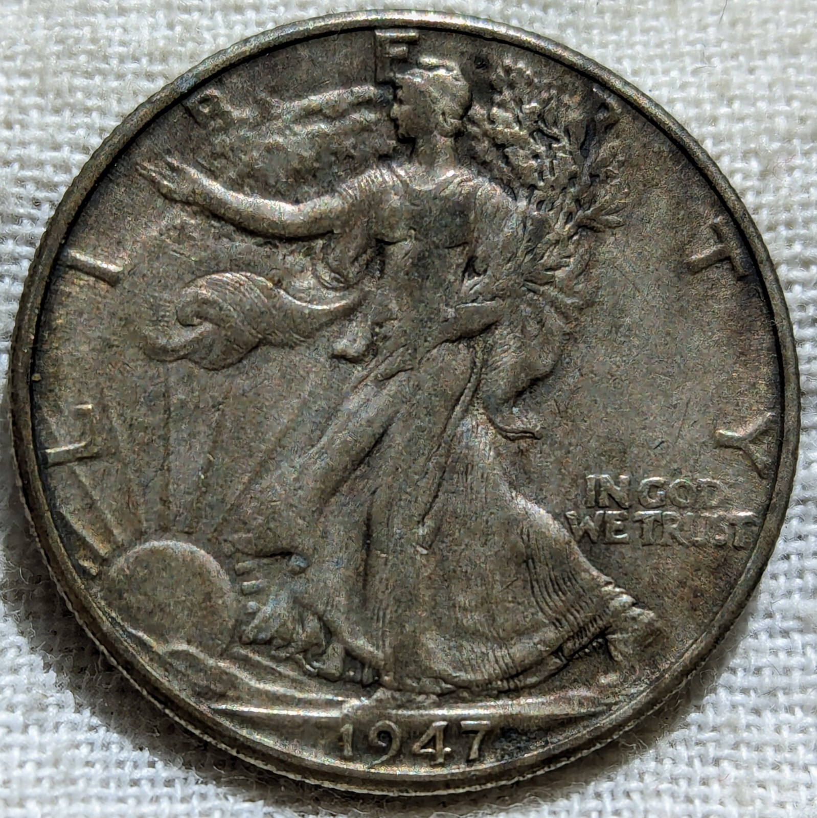1947 D Walking Liberty Half Dollar VF/XF : Toned, Low Mintage 3.9M - .9 Fine