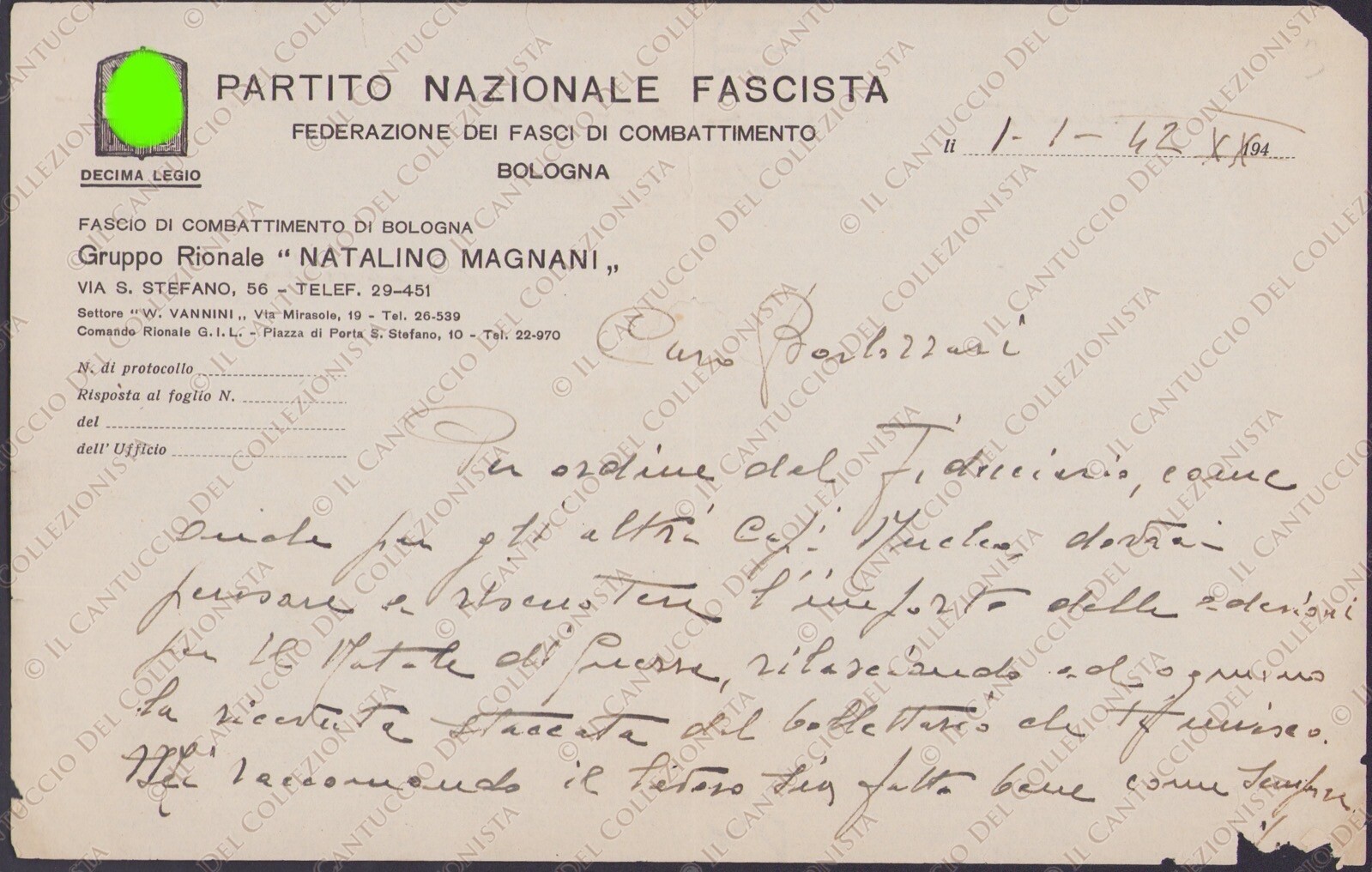 1942 BOLOGNA Partito Nazionale Fascista PNF Gruppo Natalino Magnani documento