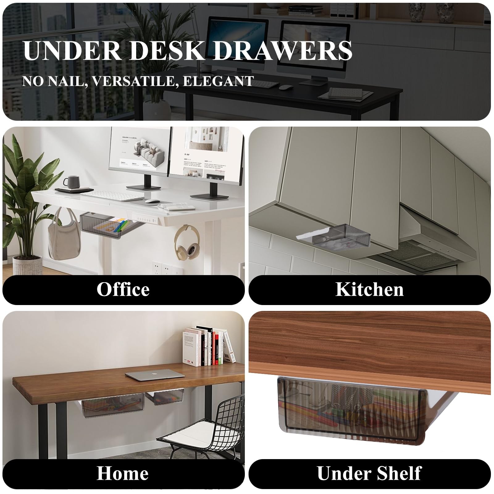 Under Desk Storage Drawer Table Slide Out SelfAdhesive Translucent Black