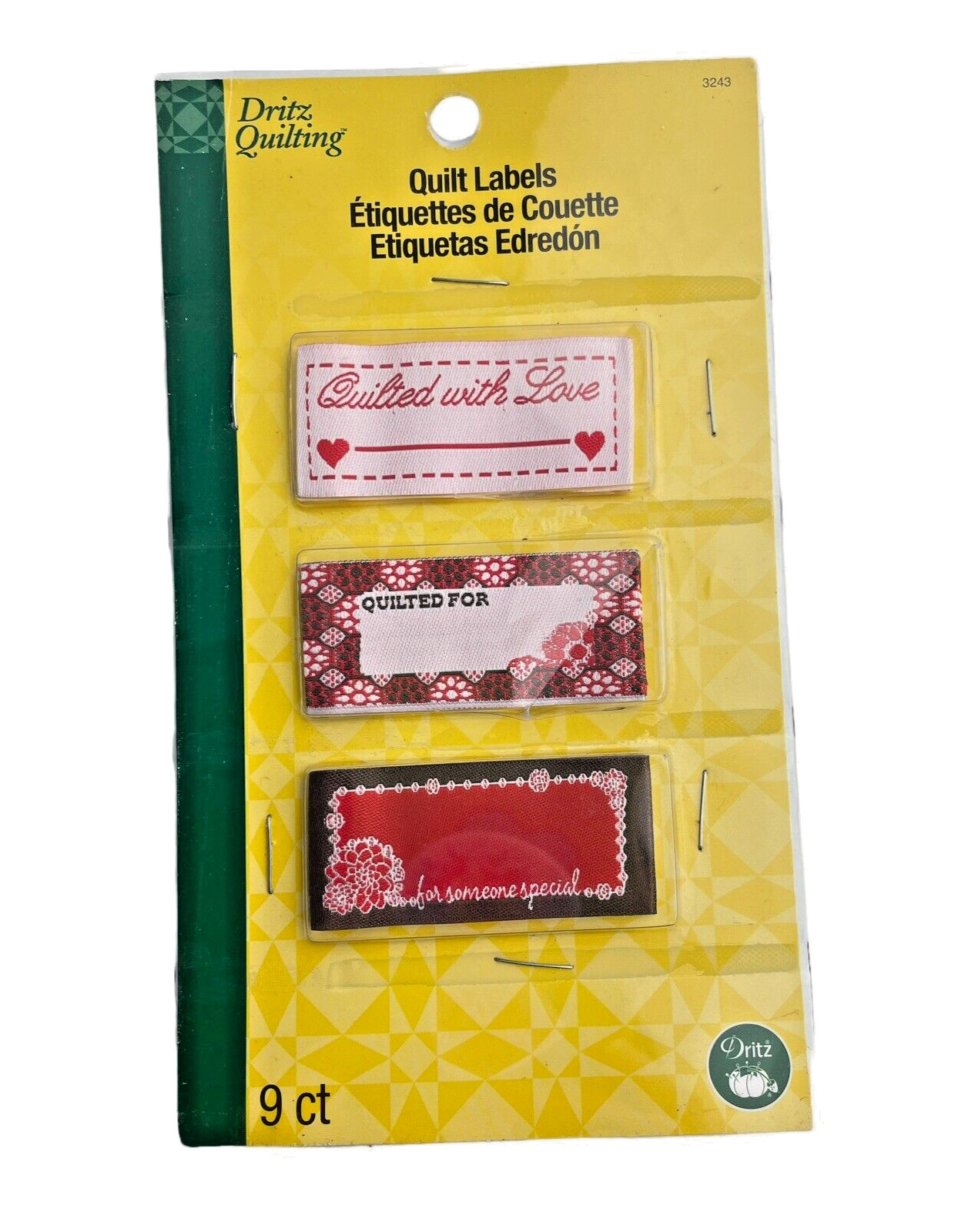 Dritz Quilt Labels Set Of 7 with 3 Designs Red and White Partial Box
