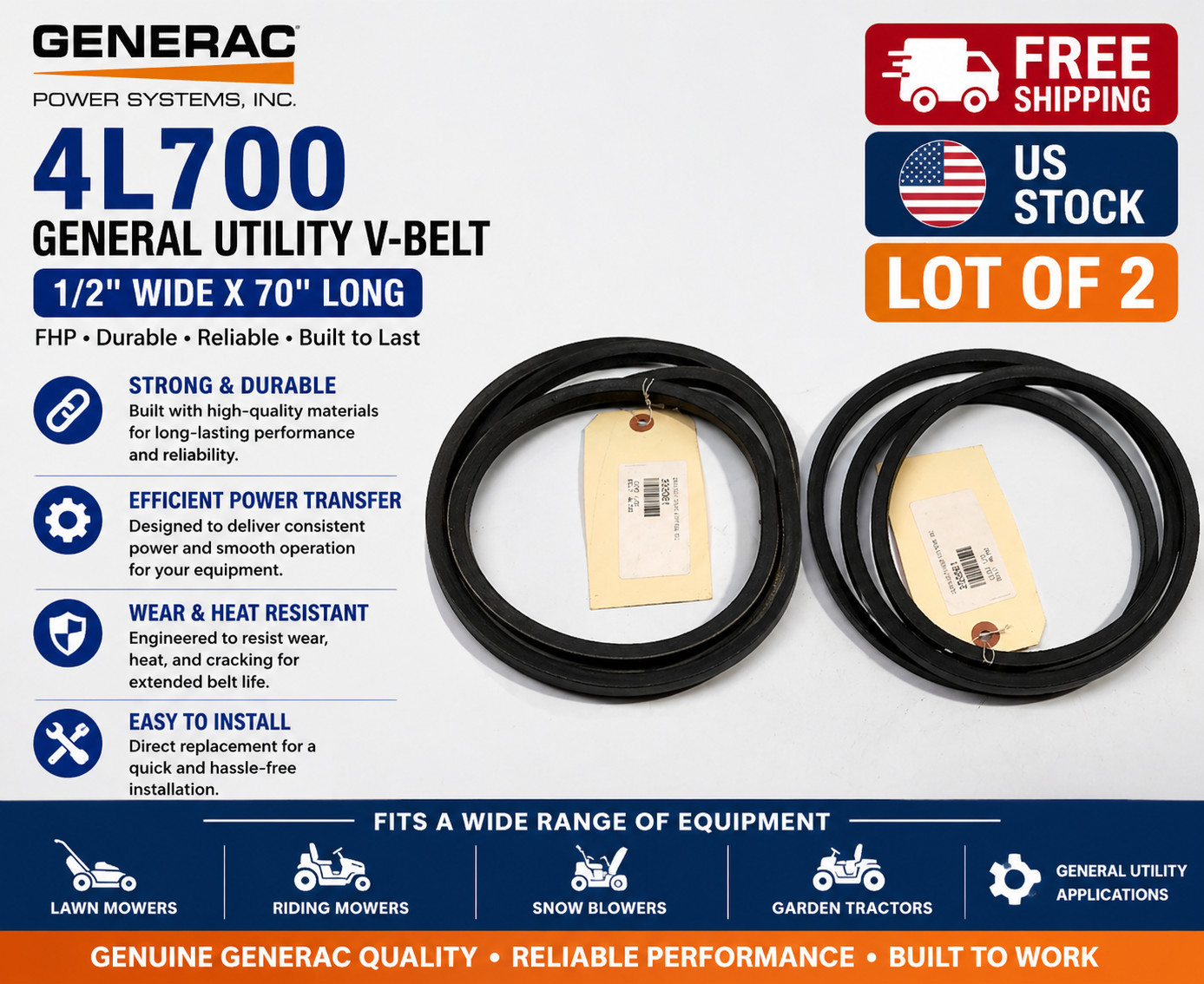 Lot of 2 New GENERAC FHP 4L700 General Utility V-Belt 0.5 in W X 70 in