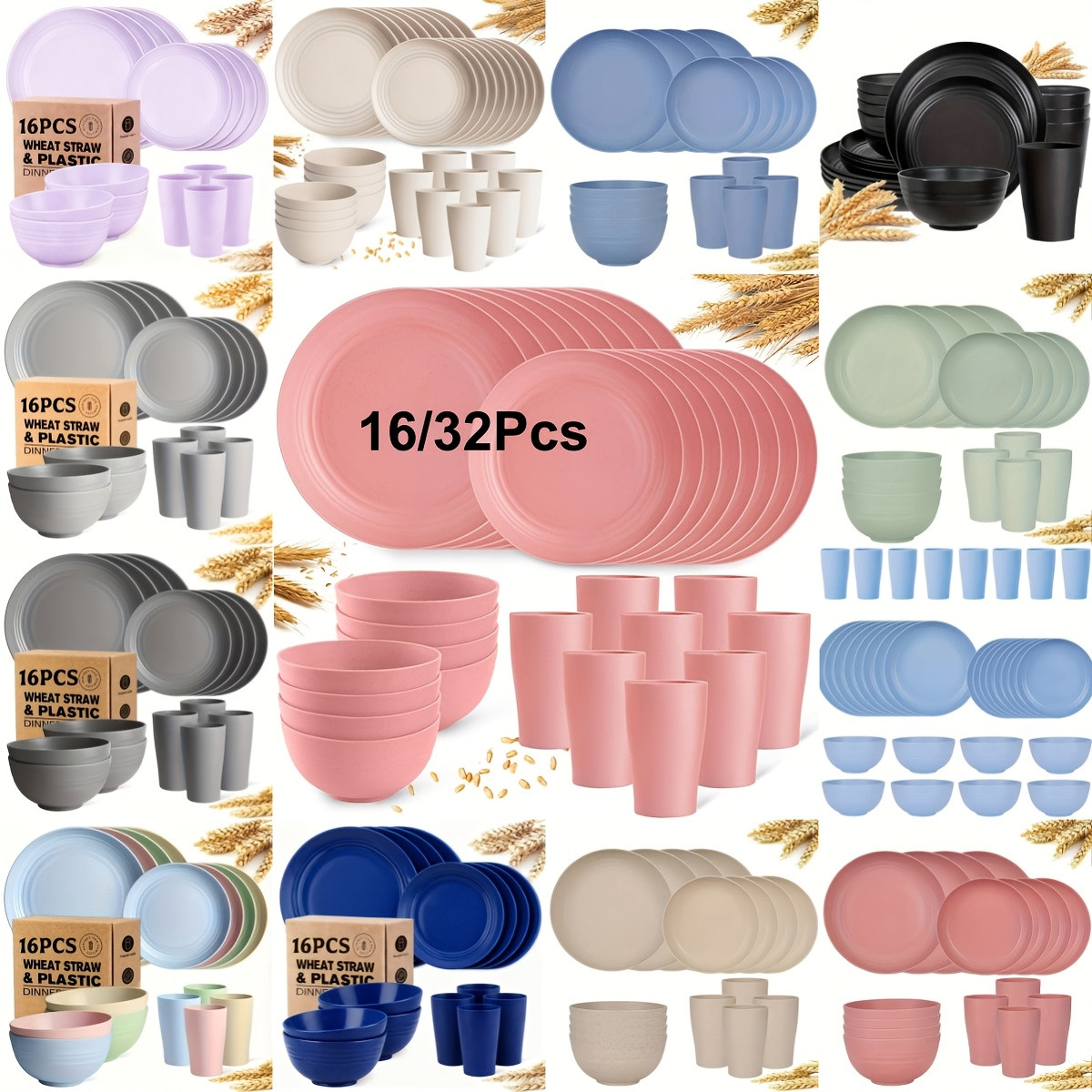 32/16pcs Wheat Straw Dinnerware Sets, Plates And Bowls Sets For 8