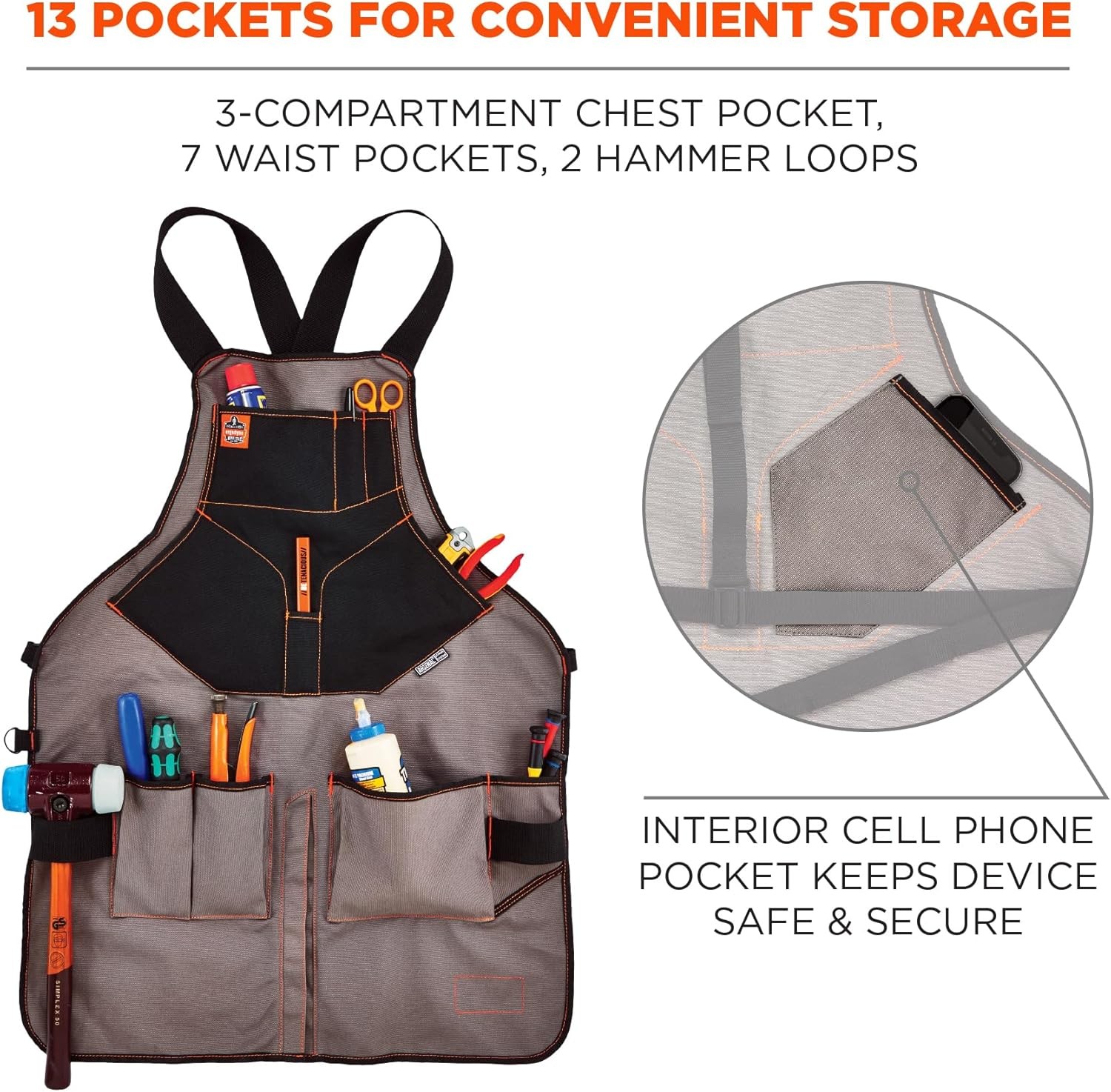 Gray Full Length Canvas Tool Apron 13 Pockets Adjustable Cross Back