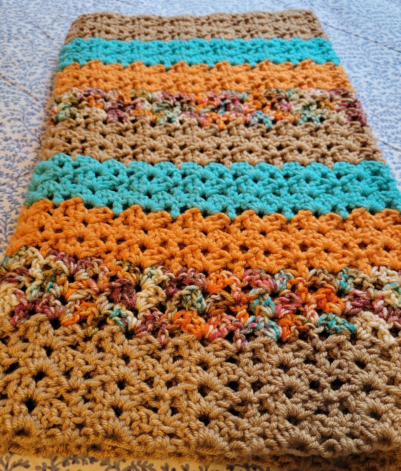 Hand Knit Wrap Shawl, 17"x48", Tan, Turquoise, Orange, Table Runner, Brand New