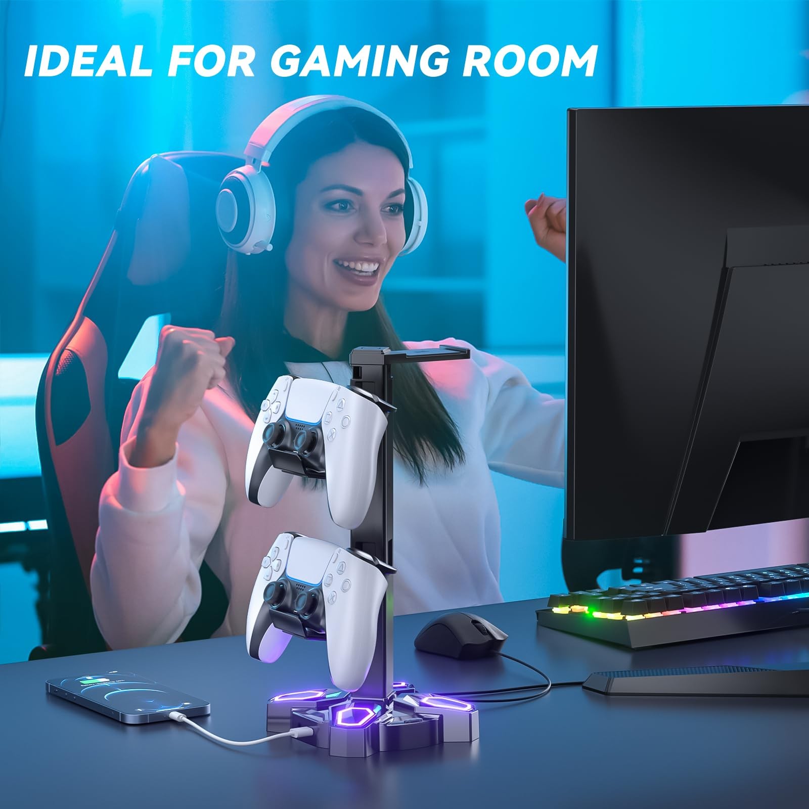 KDD Gaming Headphones Stand, Rotatable Headset Stand with Light Modes - Black