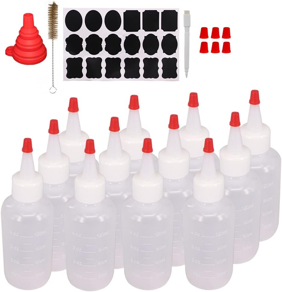 12 Pack 4-Ounce Empty Plastic Squeeze Bottles with Red Tip Caps Multipurpose Squ