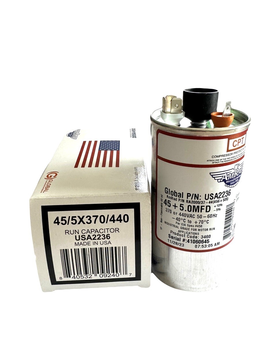 45/5 MFD AmRad Run Capacitor – 370/440VAC – USA Made – USPS Priority
