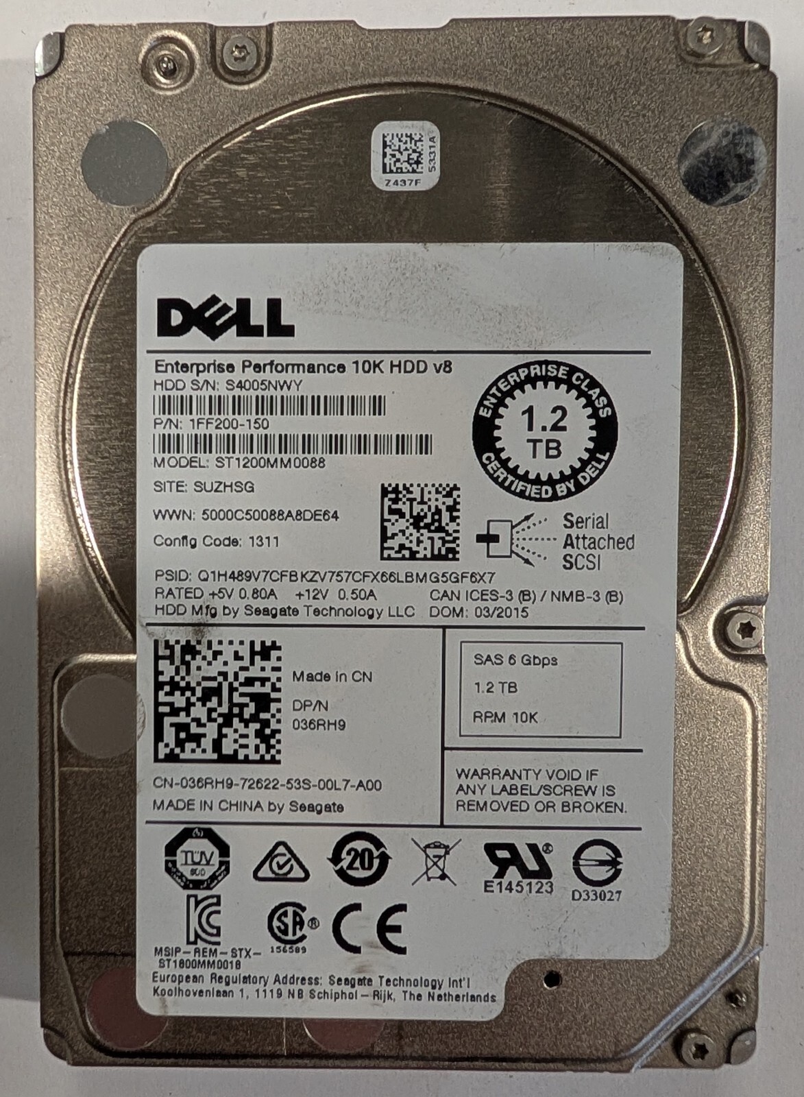 Dell ST1200MM0088 1.2TB 10K RPM SAS 2.5" SFF Enterprise HDD - 36RH9