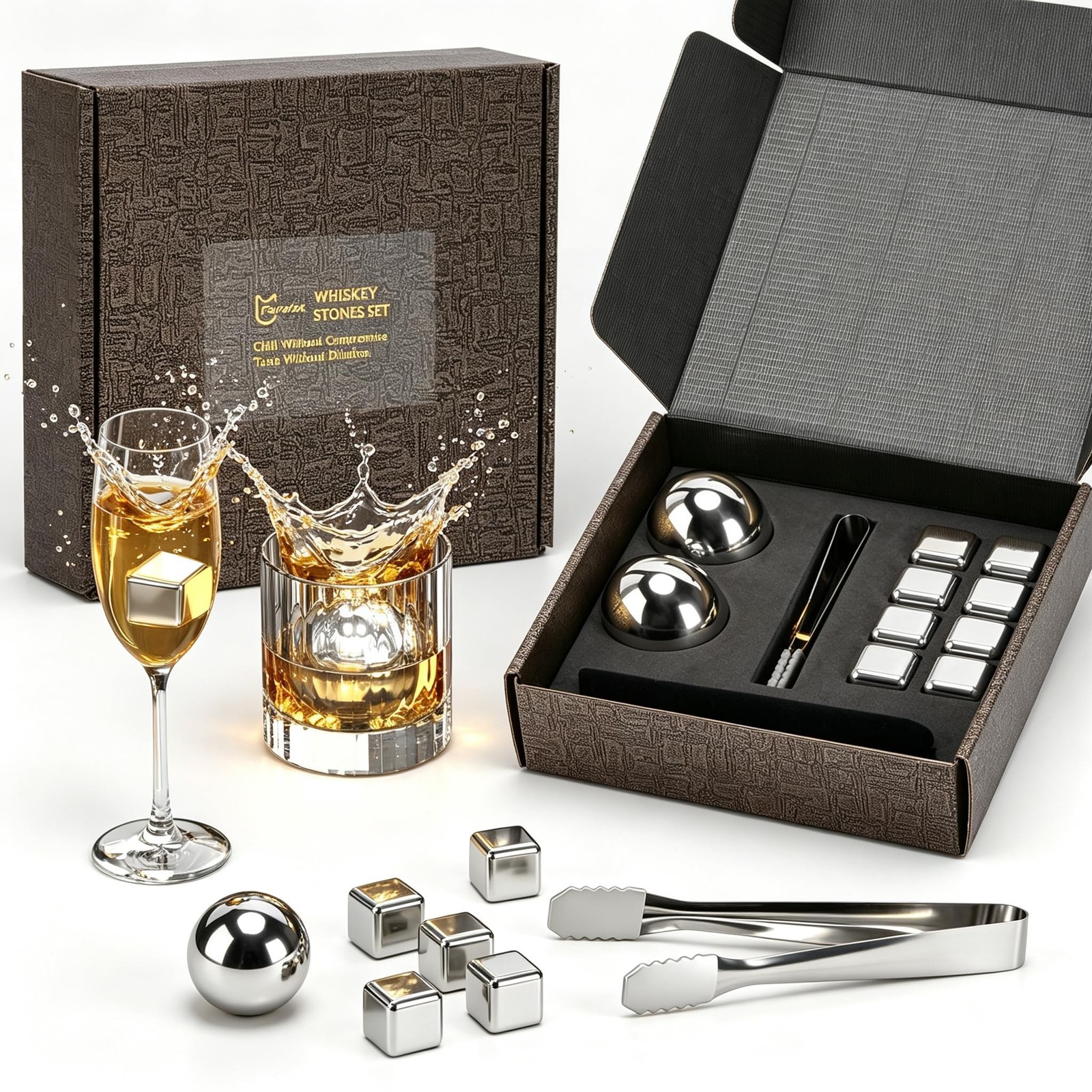 Whiskey Stones Set - Reusable Stainless Steel Ice Cubes & Balls | with Storag...