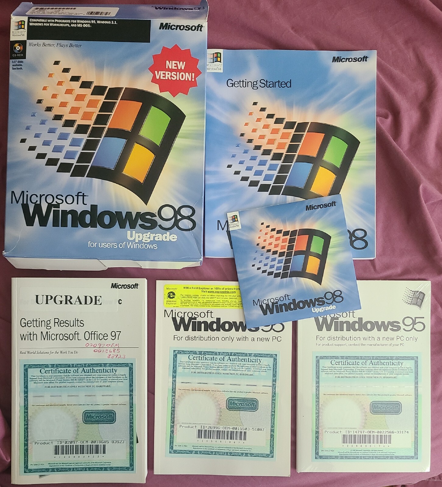 Microsoft Windows 98 Upgrade Big Box Software CD Manual COA Office 95 97 Vintage